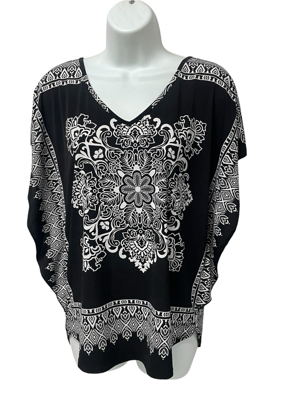 Agenda Black & White Printed V-Neck Women's Top L Dolman Sleeves